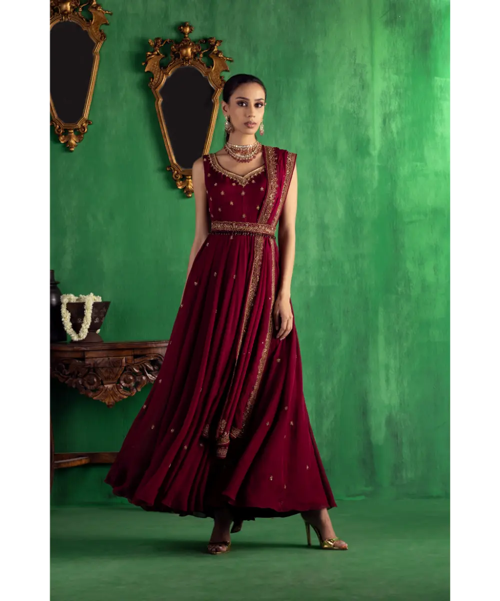 JIGAR MALI - Wine flat chiffon Anarkali set